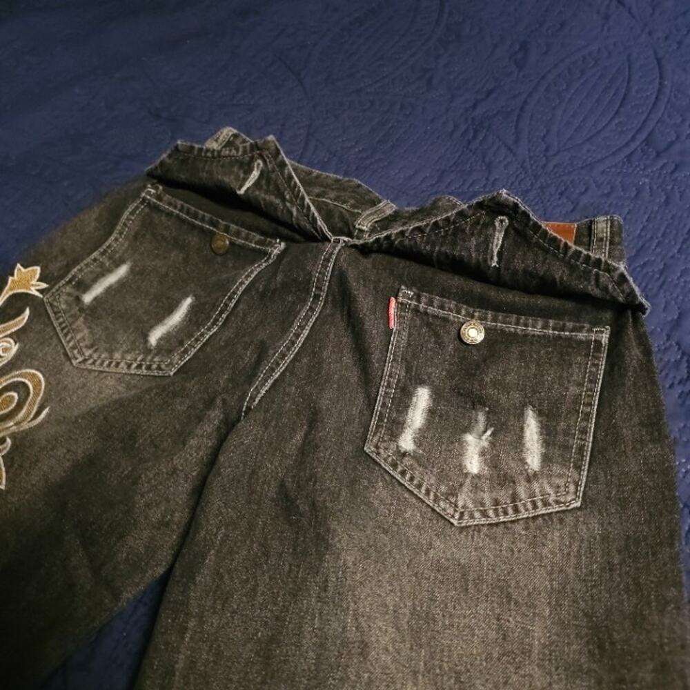 Embroidered Flare Jeans Charcoal Wash Button Flap Pockets W28 Good Condition - Picture 8 of 8